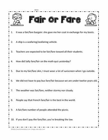 Fair or Fare worksheets