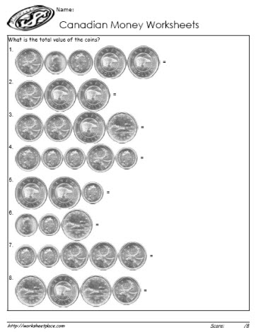 give the canadian coin values worksheets