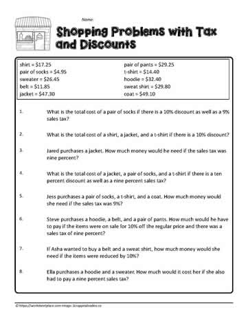 Word Problems with Tax and Discount Worksheets