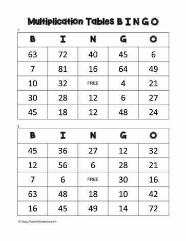 Multiplication Bingo Cards 11-12