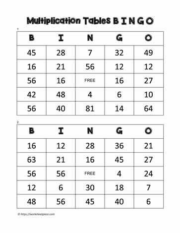 Multiplication Bingo Cards 15-16