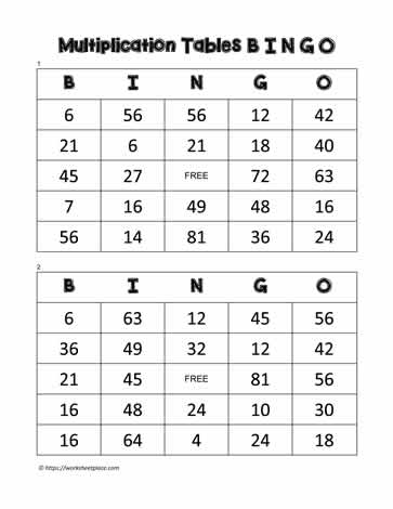 Multiplication Bingo Cards 17-18