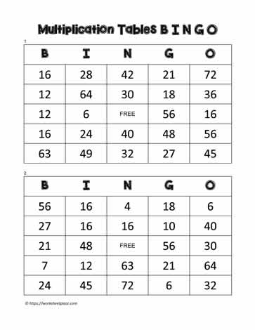 Multiplication Bingo Cards 21-22