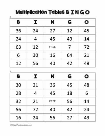 Multiplication Bingo Cards 23-24