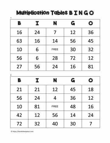 Multiplication Bingo Cards 7-8