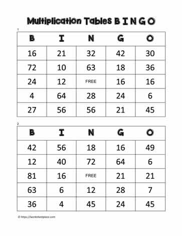 Multiplication Bingo Cards 29-30