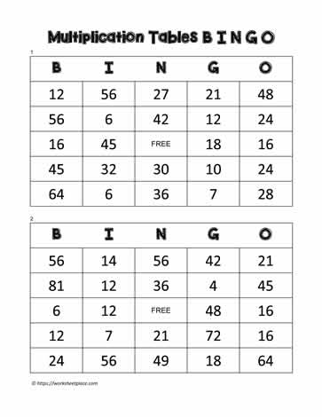Multiplication Bingo Cards 9-10