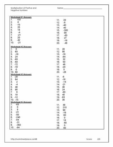 Answers for Multiplying Integers Worksheets