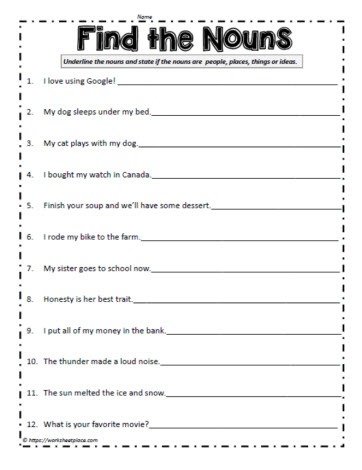 find the nouns worksheet worksheets