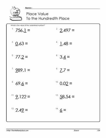 Place Value with Decimals up to 100th Place