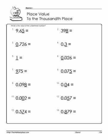 Place Value with Decimals up to 1000th Place Worksheets