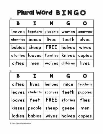 Plural Word Bingo