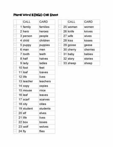 Plural Word Bingo Call Card