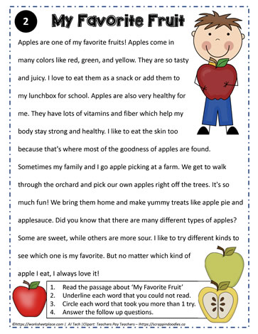 Reading Comprehension About My Favorite Fruit Worksheets