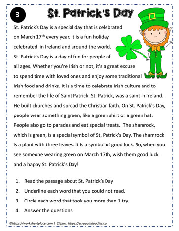 Reading Comprehension About St. Patrick's Day