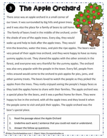 Reading Comprehension About Apple Orchard Worksheets