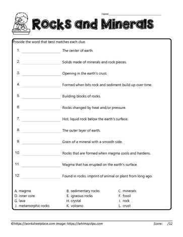 Rock and Mineral Vocab Worksheets
