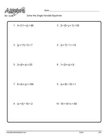 Single Variable Equation Worksheet 1