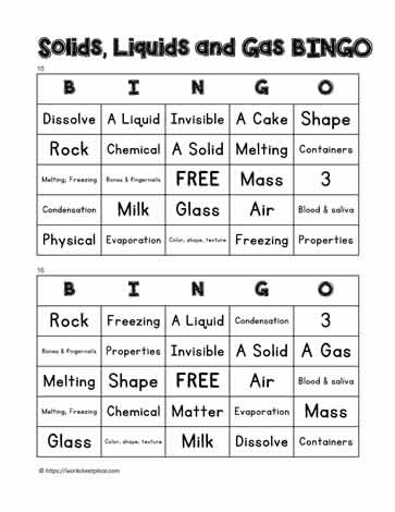 Solid Liquid Gas Bingo 15-16
