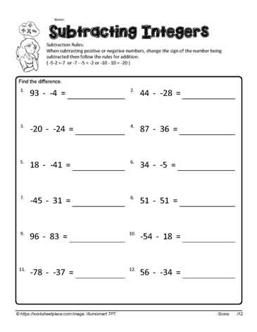 Subtracting Integers Worksheets