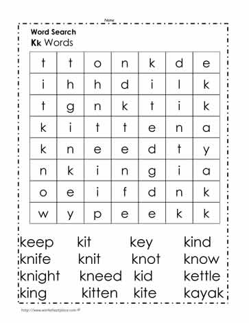 Words Beginning with K Wordsearch Worksheets