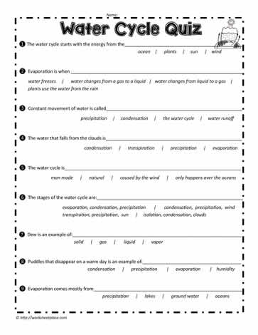 Water Cycle Quiz Worksheets