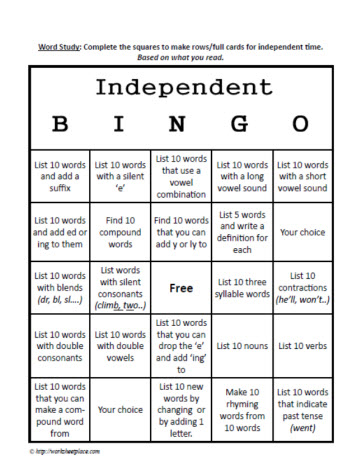 Word Study Independent Bingo