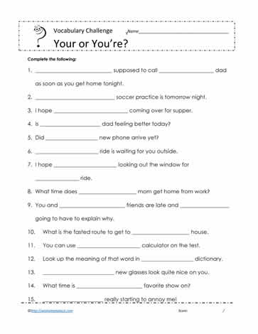 Your or You're Worksheet Worksheets
