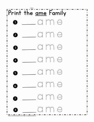 ame Word Family Worksheets