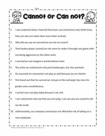 Cannot or Can not Worksheet
