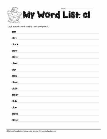 Blend Spelling List for cl
