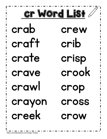 Cr word study lists, cry, crow, crab etc.