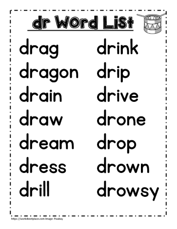 Dr word study lists, draw, drum, etc.