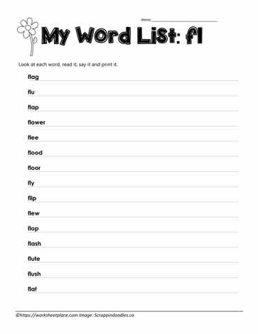 Blend Spelling List for fl