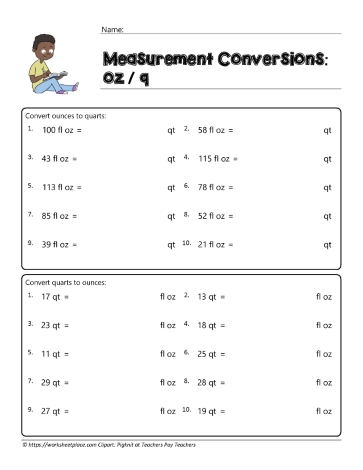 Measurement Conversions for oz/qts Worksheets
