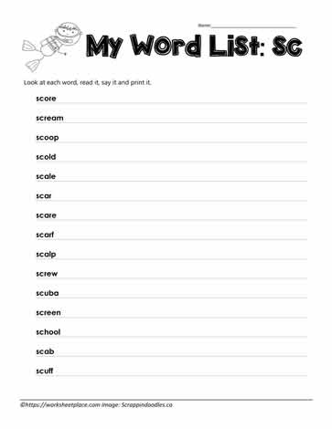 Blend Spelling List for sc