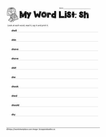 Digraph Spelling List for sh