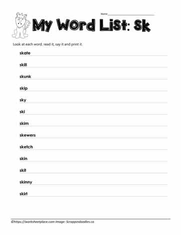 Blend Spelling List for sk