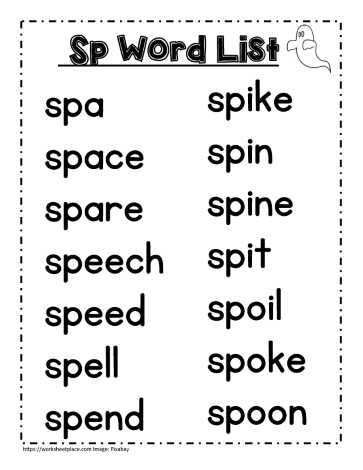 Sp word study lists, spot, spill etc.
