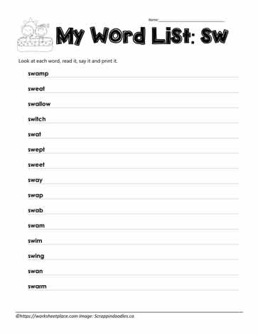 Blend Spelling List for sw