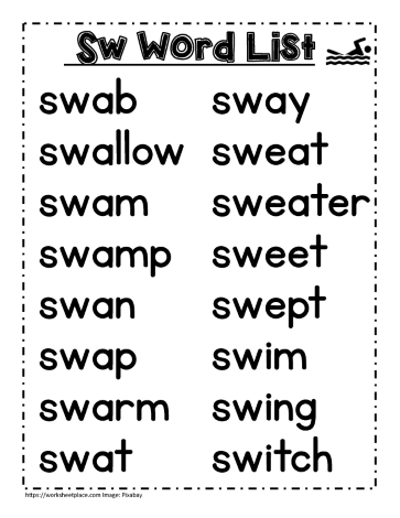 Sw word study lists, swim, swing etc.