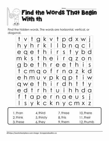 Wordsearch for th Digraphs Worksheets
