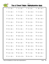 Multiplication Fact Worksheet for 11