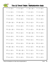 Multiplication Fact Worksheet for 12