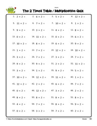 Multiplication Fact Worksheet for 2