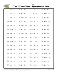 Multiplication Fact Worksheet for 7