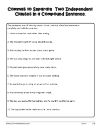 Compound Sentence Comma Worksheets