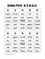 Dolch First Bingo Cards 11-12