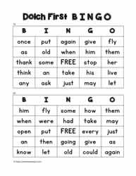 Dolch First Bingo Cards 19-20