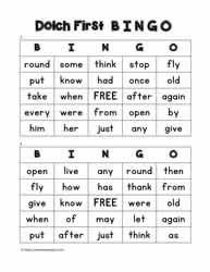 Dolch First Bingo Cards 3-4